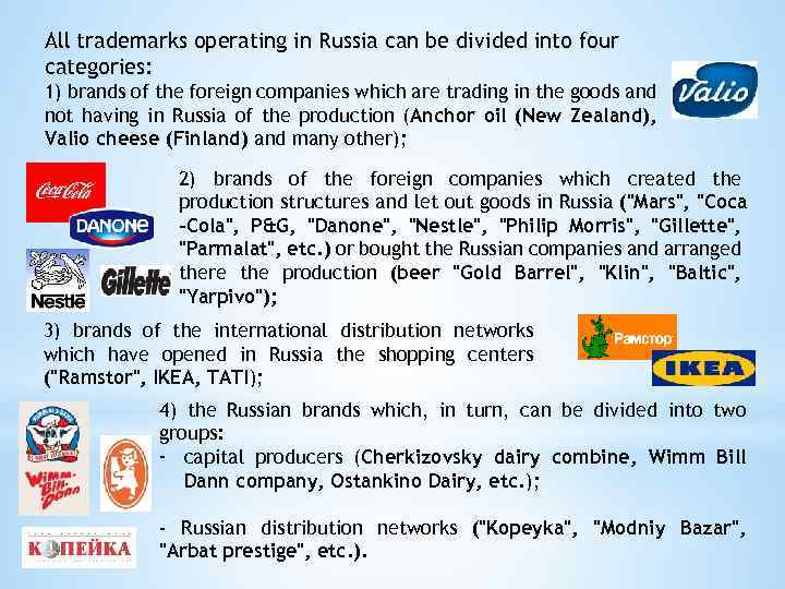 All trademarks operating in Russia can be divided into four categories: 1) brands of