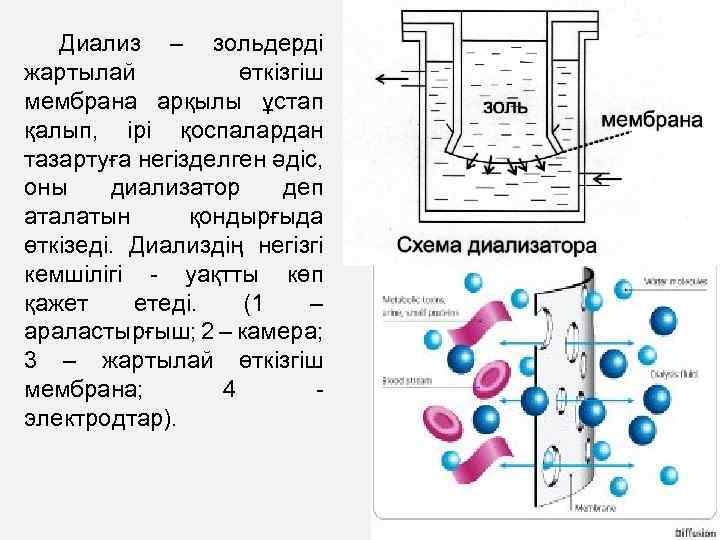 Диализ – зольдерді жартылай өткізгіш мембрана арқылы ұстап қалып, ірі қоспалардан тазартуға негізделген әдіс,