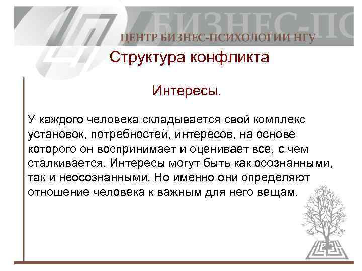 Структура конфликта Интересы. У каждого человека складывается свой комплекс установок, потребностей, интересов, на основе