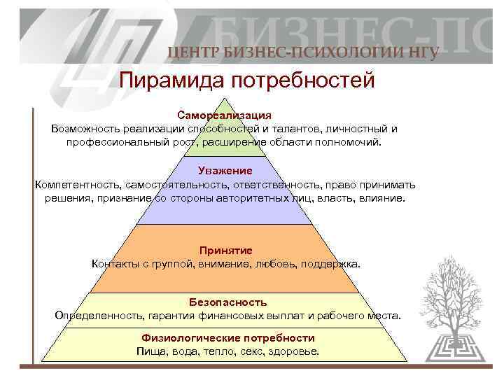 Пирамида потребностей Самореализация Возможность реализации способностей и талантов, личностный и профессиональный рост, расширение области