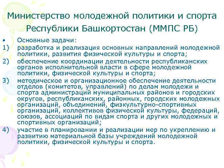 Министерство молодежной политики и спорта Республики Башкортостан (ММПС РБ) • 1) 2) 3) 4)