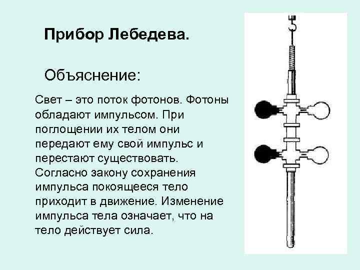 Прибор Лебедева. Объяснение: Свет – это поток фотонов. Фотоны обладают импульсом. При поглощении их