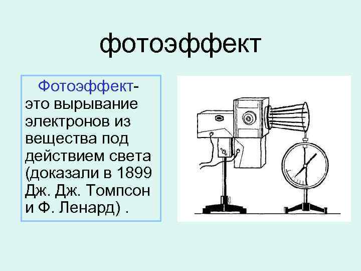 фотоэффект Фотоэффект это вырывание электронов из вещества под действием света (доказали в 1899 Дж.