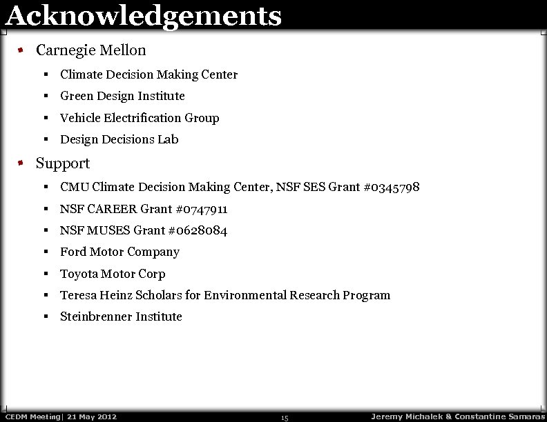 Acknowledgements Carnegie Mellon § Climate Decision Making Center § Green Design Institute § Vehicle