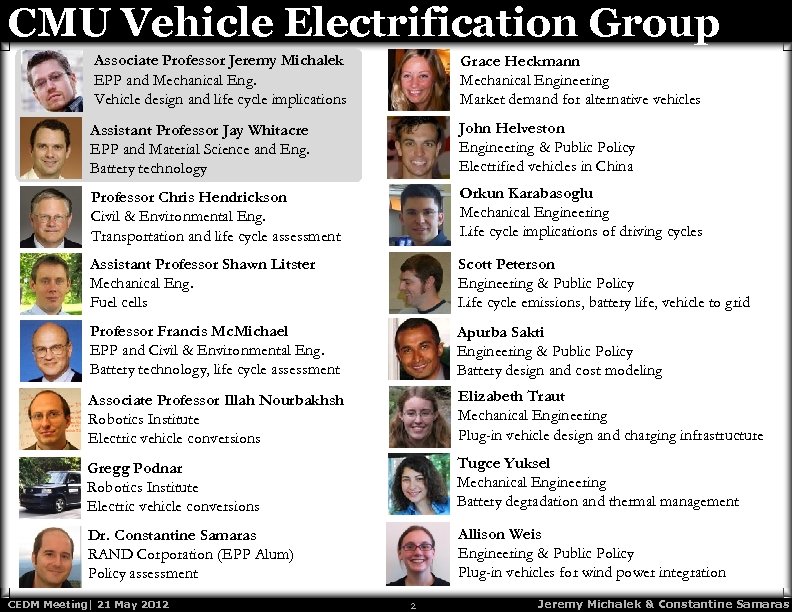 CMU Vehicle Electrification Group Associate Professor Jeremy Michalek EPP and Mechanical Eng. Vehicle design