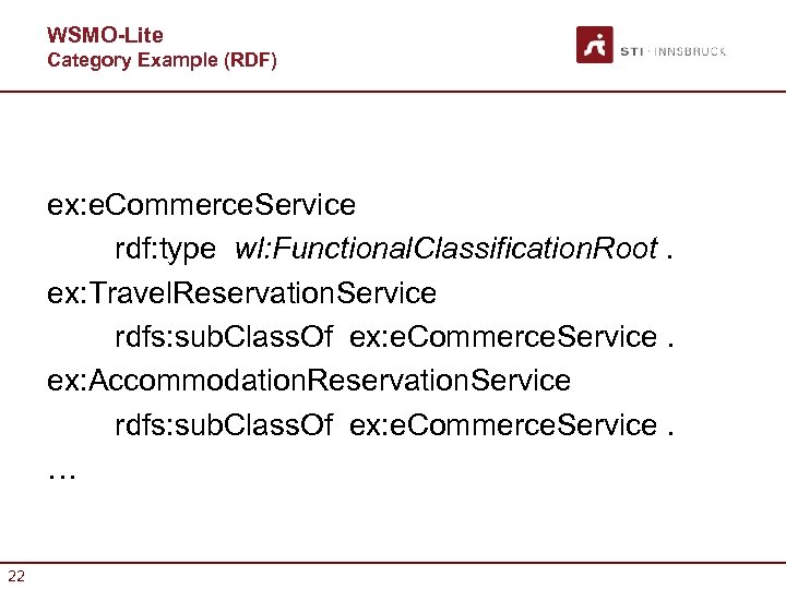 WSMO-Lite Category Example (RDF) ex: e. Commerce. Service rdf: type wl: Functional. Classification. Root.