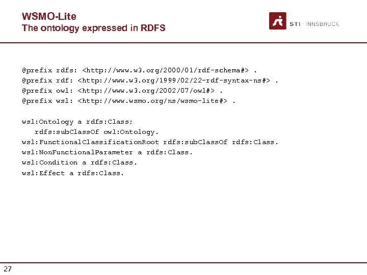 WSMO-Lite The ontology expressed in RDFS @prefix rdfs: <http: //www. w 3. org/2000/01/rdf−schema#>. rdf: