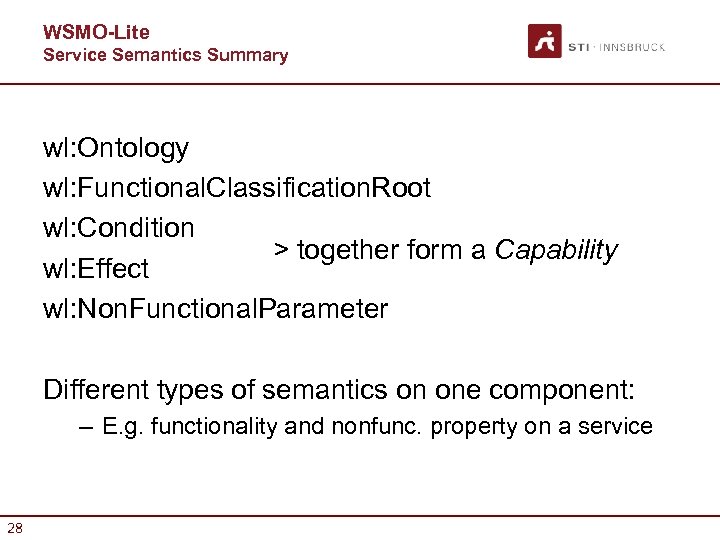 WSMO-Lite Service Semantics Summary wl: Ontology wl: Functional. Classification. Root wl: Condition > together