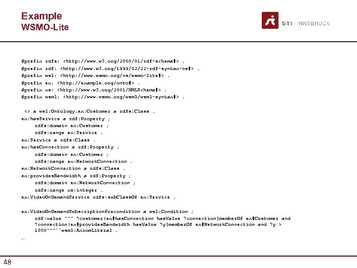 Example WSMO-Lite @prefix @prefix rdfs: <http: //www. w 3. org/2000/01/rdf−schema#>. rdf: <http: //www. w