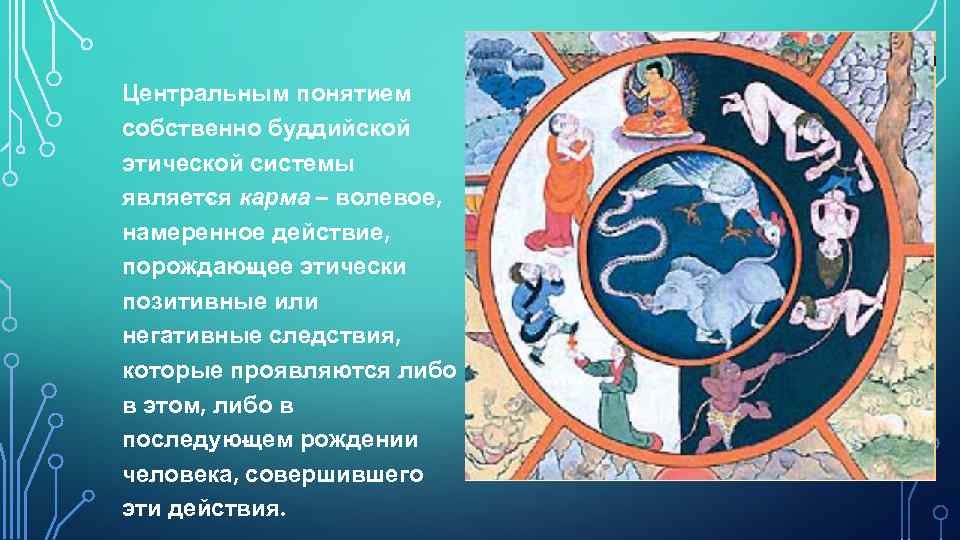 Центральным поняти м е собственно буддийской этической системы являет я карма – волевое, с