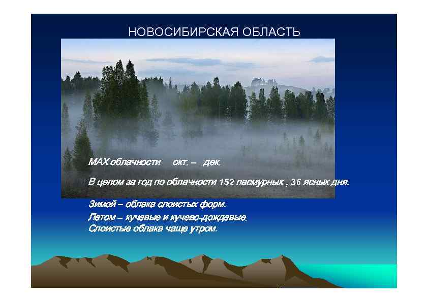НОВОСИБИРСКАЯ ОБЛАСТЬ МАХ облачности окт. – дек. В целом за год по облачности 152