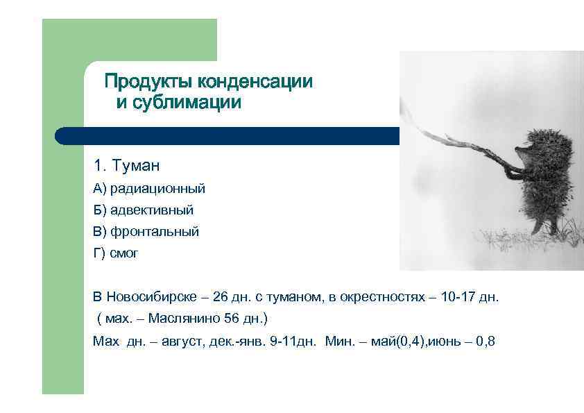 Продукты конденсации и сублимации 1. Туман А) радиационный Б) адвективный В) фронтальный Г) смог