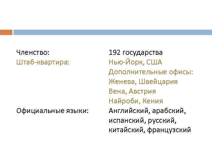 Членство: Штаб-квартира: Официальные языки: 192 государства Нью-Йорк, США Дополнительные офисы: Женева, Швейцария Вена, Австрия