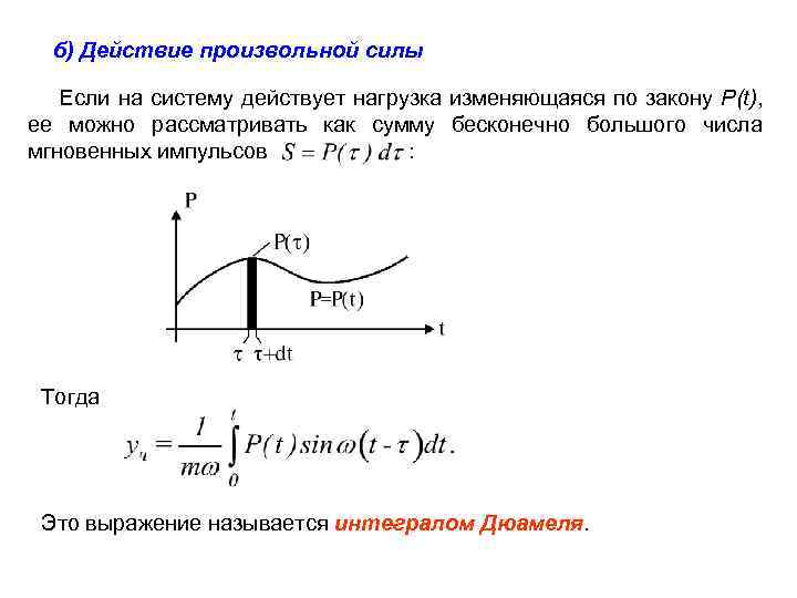 б) Действие произвольной силы Если на систему действует нагрузка изменяющаяся по закону P(t), ее