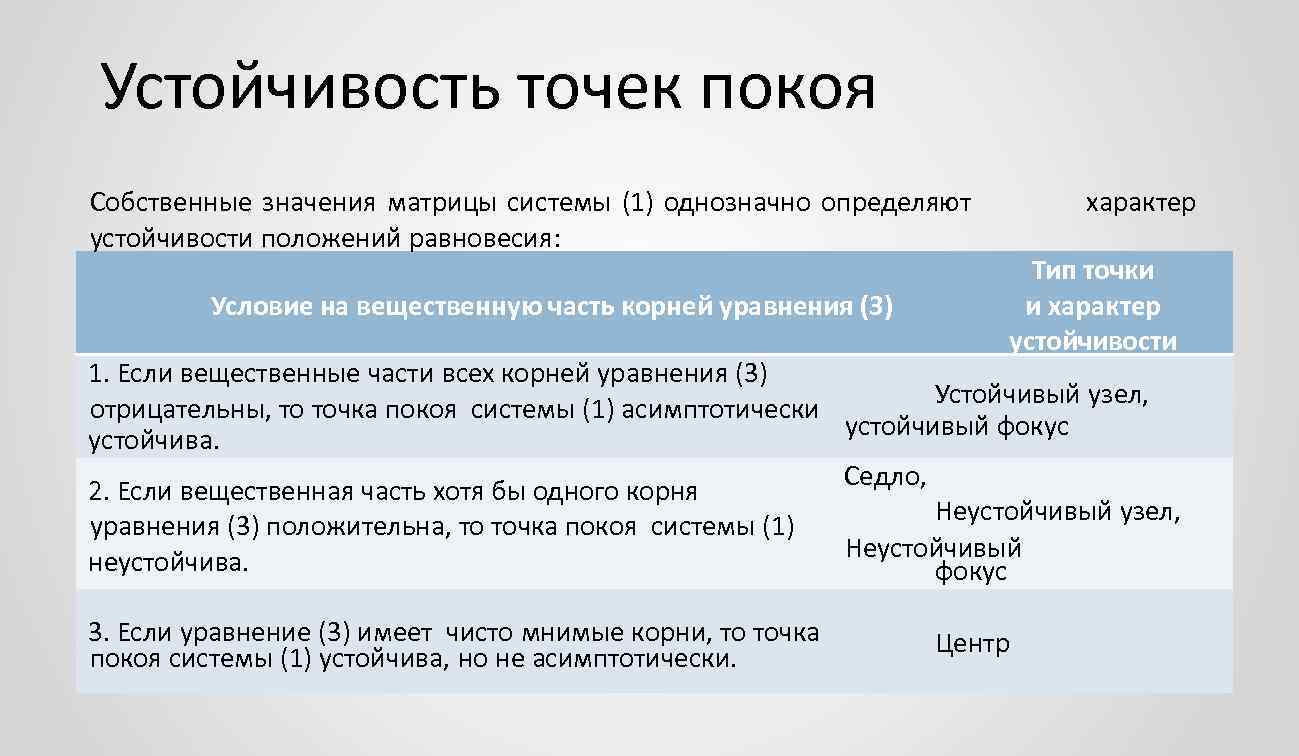 Типы точек. Классификация точек покоя. Асимптотическая устойчивость системы. Типы точек устойчивости. Устойчивость точки покоя.