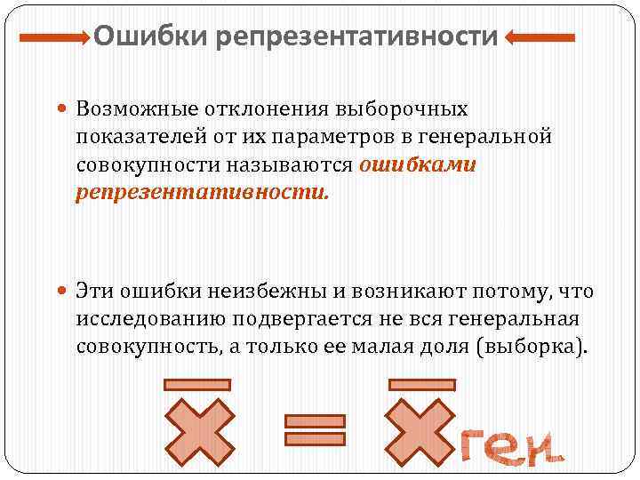 Ошибки репрезентативности Возможные отклонения выборочных показателей от их параметров в генеральной совокупности называются ошибками