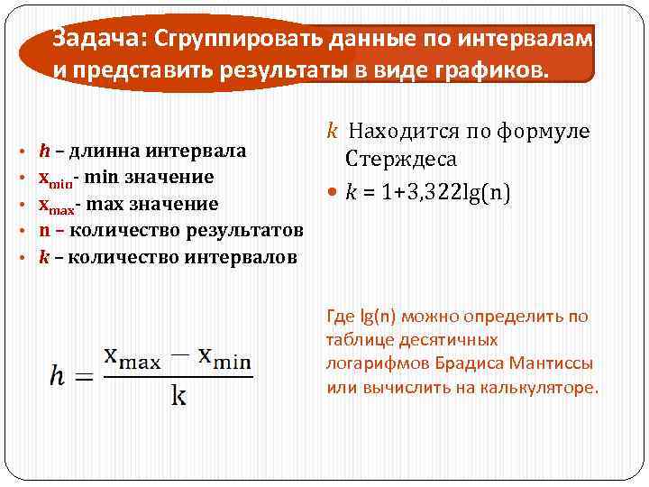 Задача: Сгруппировать данные по интервалам и представить результаты в виде графиков. • h –