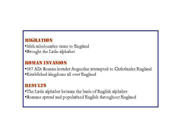 migration • Irish missionaries came to England • Brought the Latin alphabet roman in.