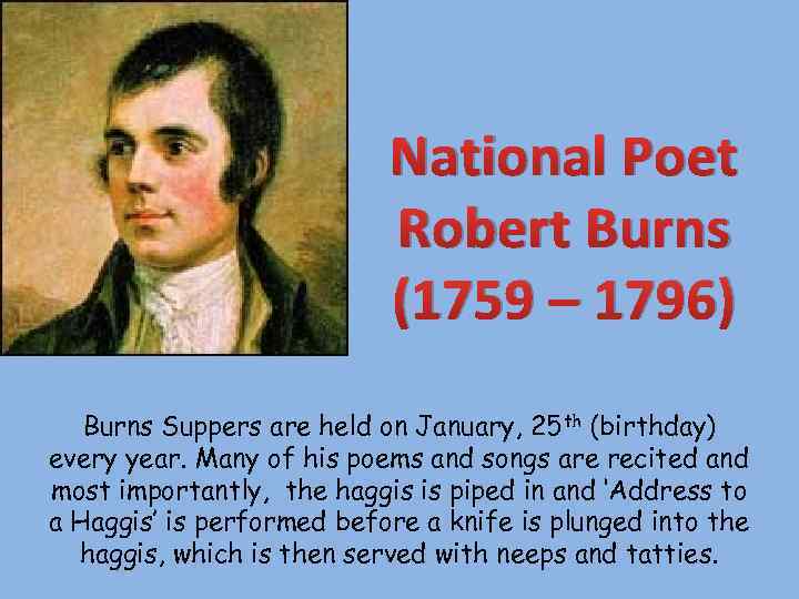 National Poet Robert Burns (1759 – 1796) Burns Suppers are held on January, 25