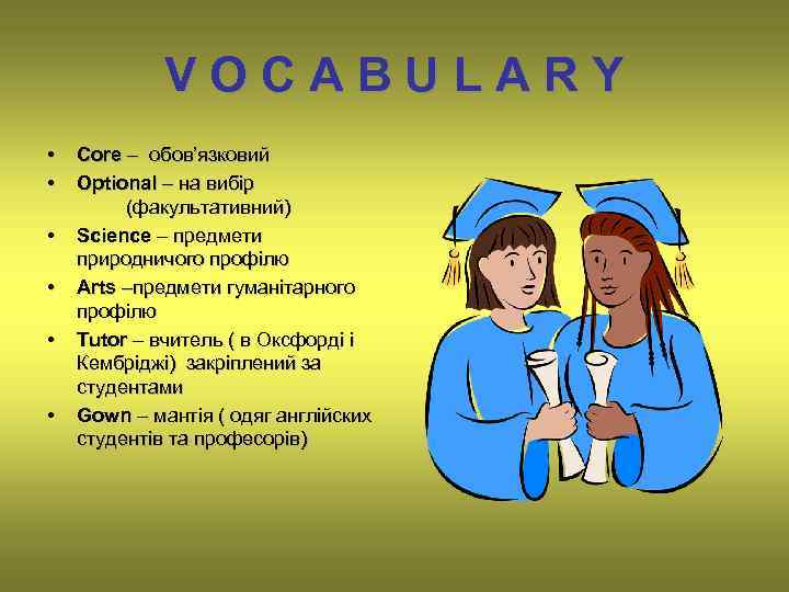 VOCABULARY • • • Core – обов’язковий Optional – на вибір (факультативний) Science –