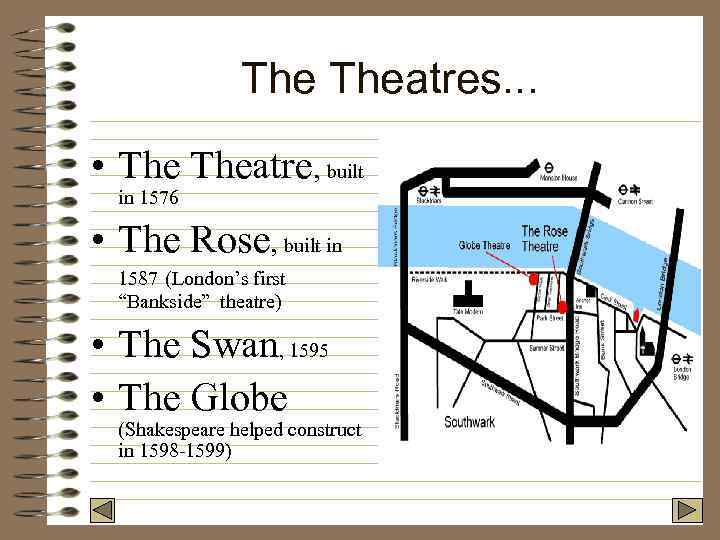 The Theatres. . . • Theatre, built in 1576 • The Rose, built in