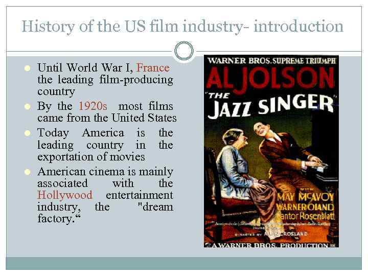 History of the US film industry- introduction Until World War I, France the leading