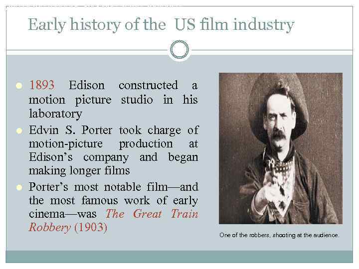 One of the robbers, shooting at the audience. Early history of the US film