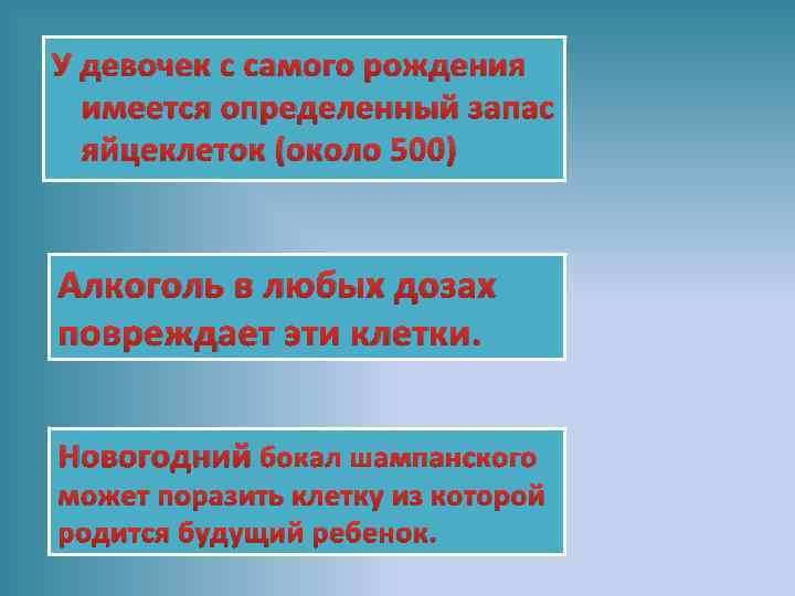 У девочек с самого рождения имеется определенный запас яйцеклеток (около 500) Алкоголь в любых