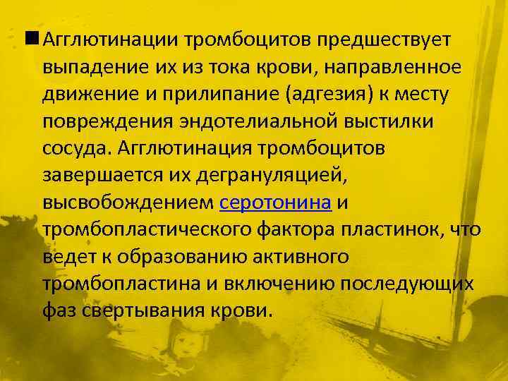 n Агглютинации тромбоцитов предшествует выпадение их из тока крови, направленное движение и прилипание (адгезия)