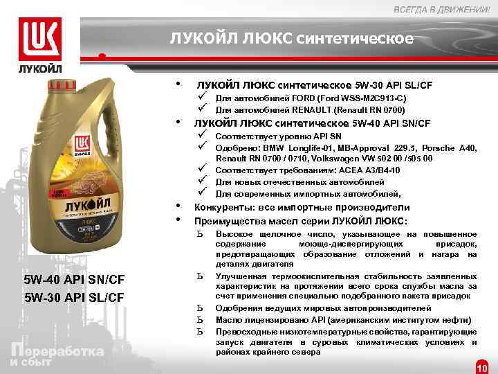 ЛУКОЙЛ ЛЮКС синтетическое • • 5 W-40 API SN/CF 5 W-30 API SL/CF ЛУКОЙЛ