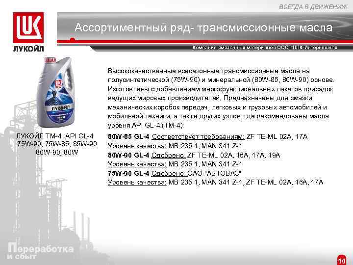 Ассортиментный ряд- трансмиссионные масла Компания смазочных материалов ООО «ЛЛК-Интернешнл» Высококачественные всесезонные трансмиссионные масла на