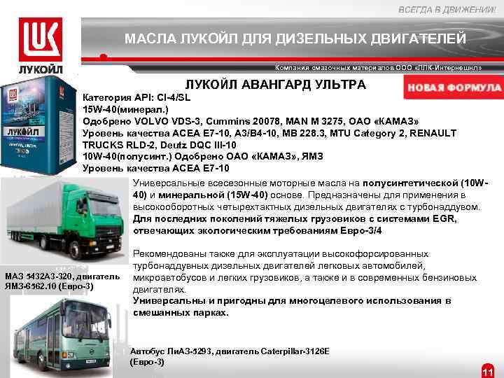 МАСЛА ЛУКОЙЛ ДЛЯ ДИЗЕЛЬНЫХ ДВИГАТЕЛЕЙ Компания смазочных материалов ООО «ЛЛК-Интернешнл» ЛУКОЙЛ АВАНГАРД УЛЬТРА Категория