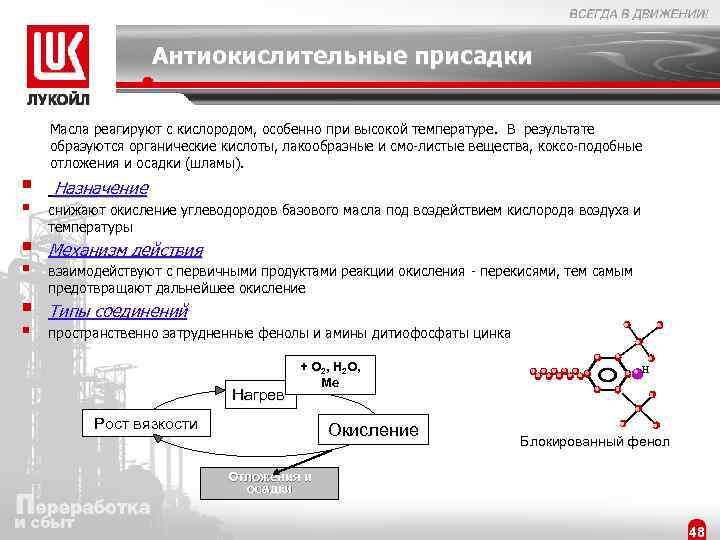 Антиокислительные присадки § § § Масла реагируют с кислородом, особенно при высокой температуре. В