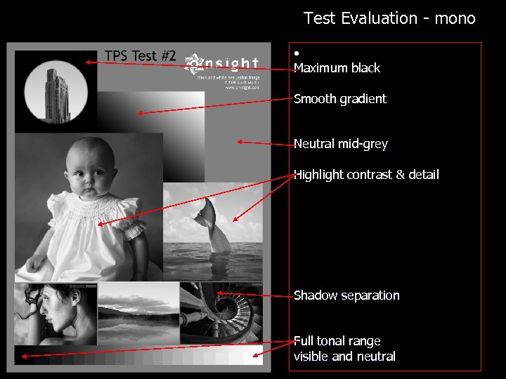 Test Evaluation - mono • Maximum black Smooth gradient Neutral mid-grey Highlight contrast &
