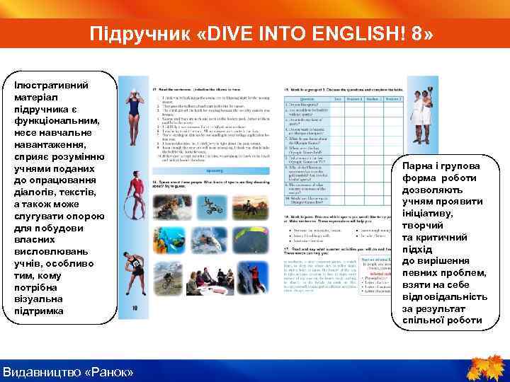 ІV. Пояснення нового ENGLISH! Підручник «DIVE INTO матеріалу 8» Ілюстративний матеріал підручника є функціональним,