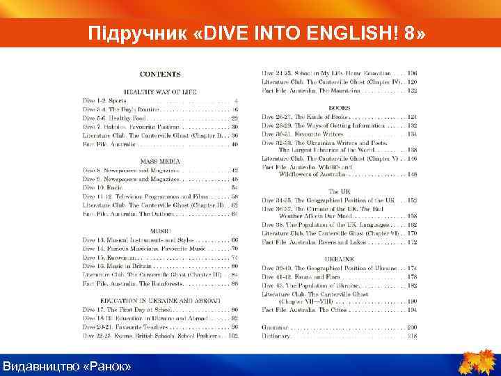 ІV. Пояснення нового ENGLISH! Підручник «DIVE INTO матеріалу 8» Видавництво «Ранок» 