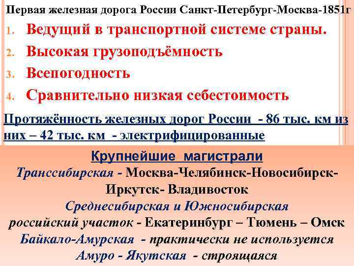 Первая железная дорога России Санкт-Петербург-Москва-1851 г 1. 2. 3. 4. Ведущий в транспортной системе