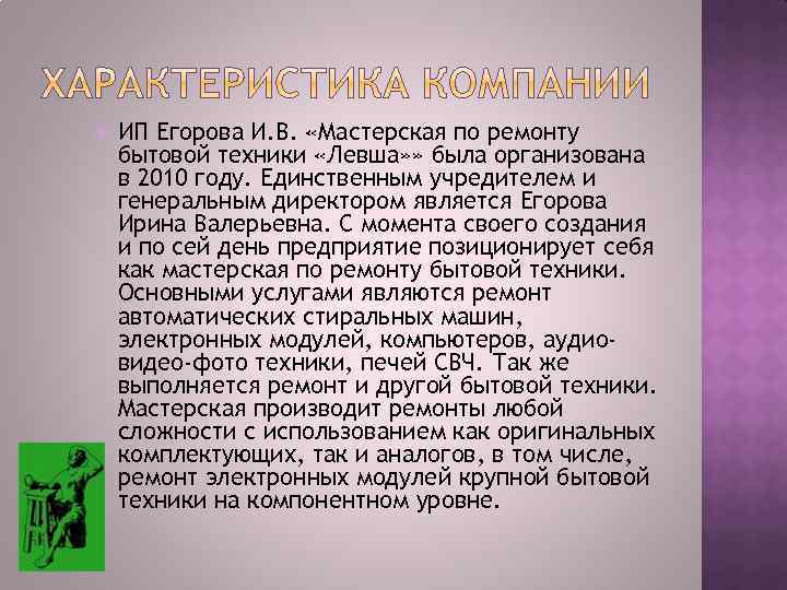  ИП Егорова И. В. «Мастерская по ремонту бытовой техники «Левша» » была организована