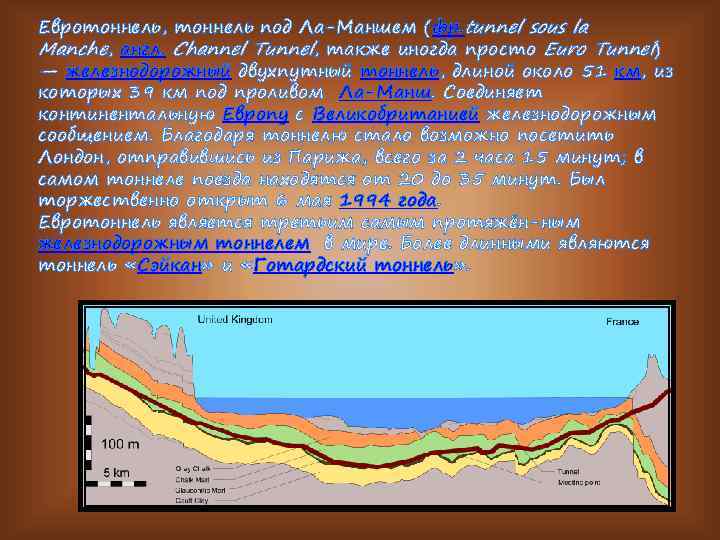 Евротоннель, тоннель под Ла-Маншем (фр. tunnel sous la Manche, англ. Channel Tunnel, также иногда