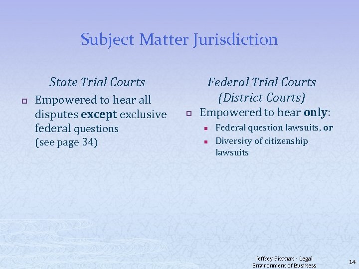 Subject Matter Jurisdiction State Trial Courts p Empowered to hear all disputes except exclusive