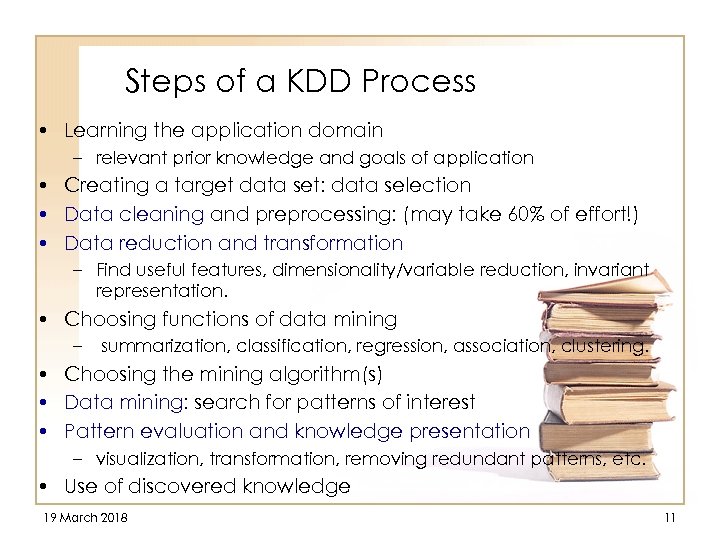 Steps of a KDD Process • Learning the application domain – relevant prior knowledge