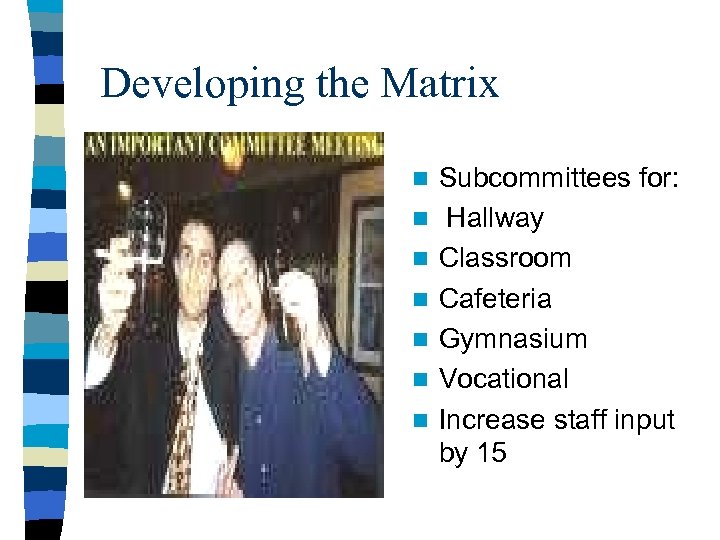 Developing the Matrix n n n n Subcommittees for: Hallway Classroom Cafeteria Gymnasium Vocational