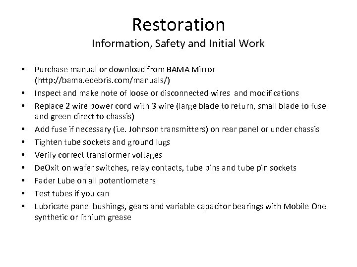 Restoration Information, Safety and Initial Work • • • Purchase manual or download from