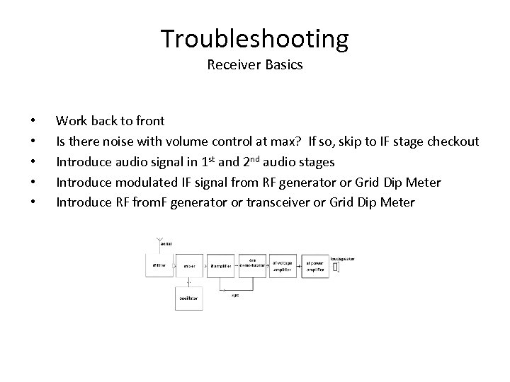 Troubleshooting Receiver Basics • • • Work back to front Is there noise with