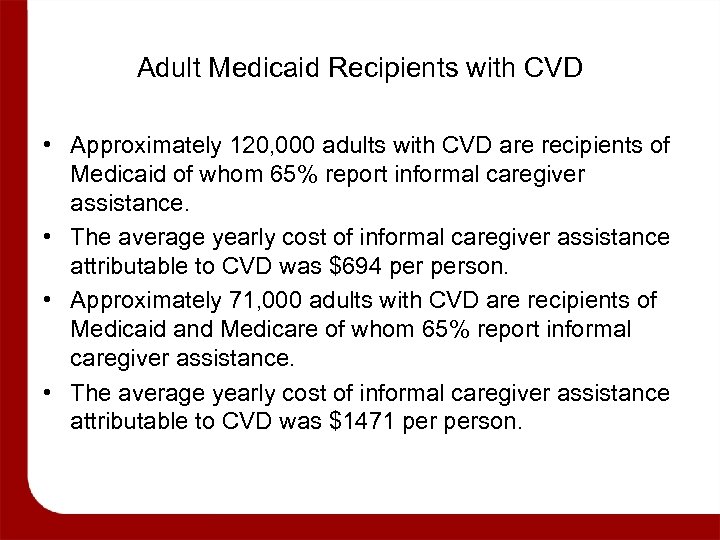 Adult Medicaid Recipients with CVD • Approximately 120, 000 adults with CVD are recipients
