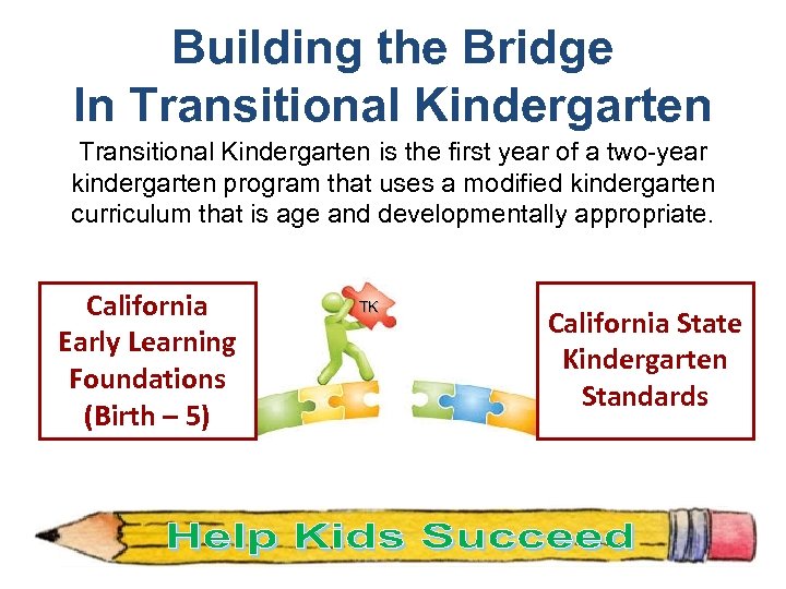  Transition Kindergarten Building the Bridge Families and Staff… In Transitional Kindergarten is the