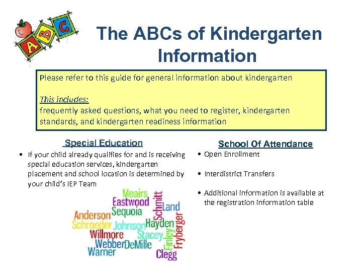 The ABCs of Kindergarten Information Please refer to this guide for general information about