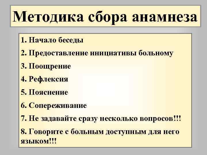 Методика сбора анамнеза 1. Начало беседы 2. Предоставление инициативы больному 3. Поощрение 4. Рефлексия