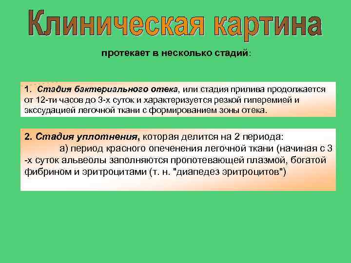 протекает в несколько стадий: 1. Стадия бактериального отека, или стадия прилива продолжается от 12