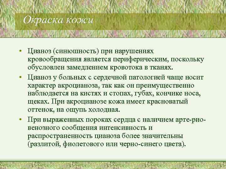 Окраска кожи • Цианоз (синюшность) при нарушениях кровообращения является периферическим, поскольку обусловлен замедлением кровотока